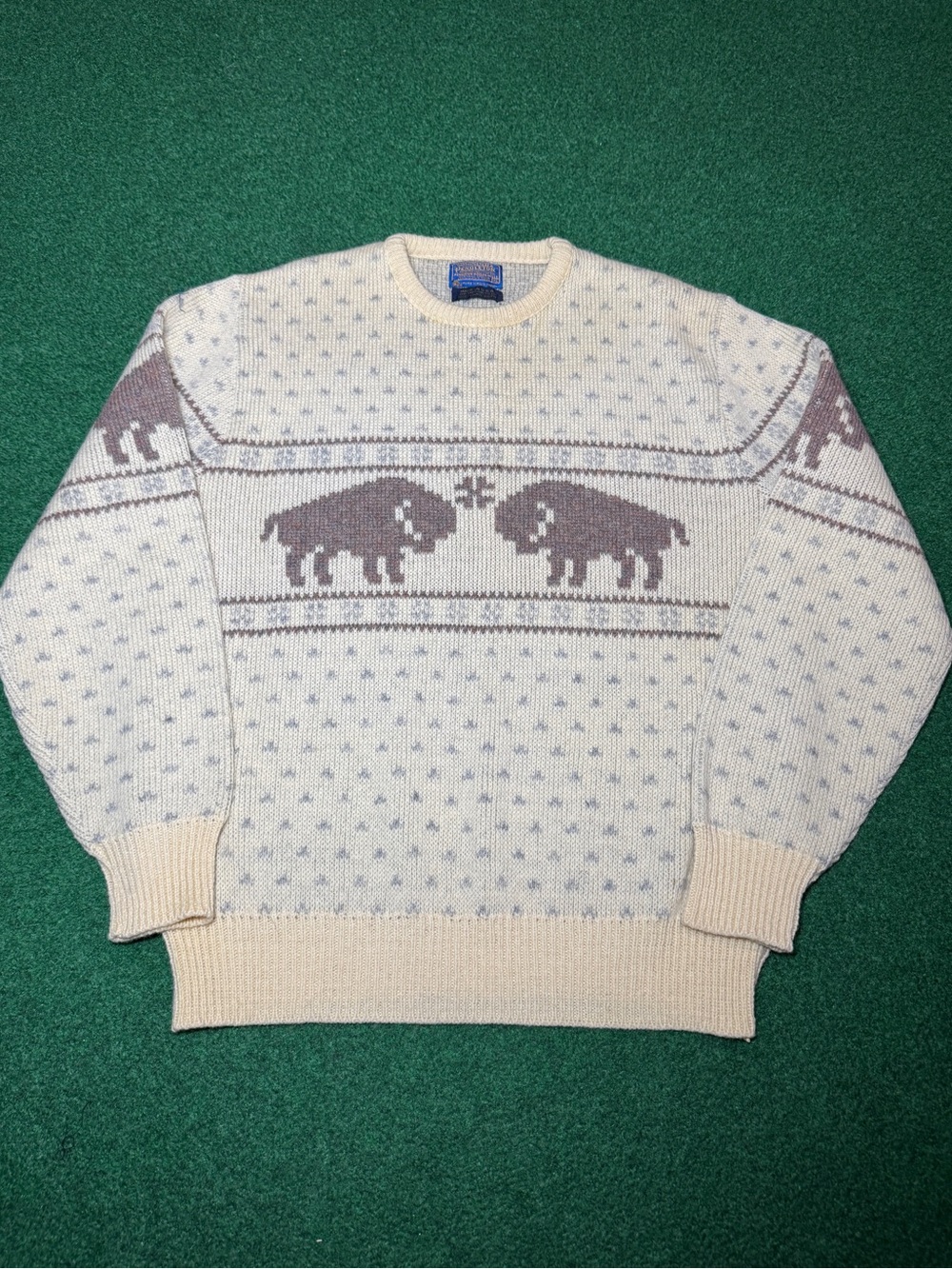 Vintage 70s 80s Pendleton Bison Sweater, Preppy Americana Wool Buffalo (XL)